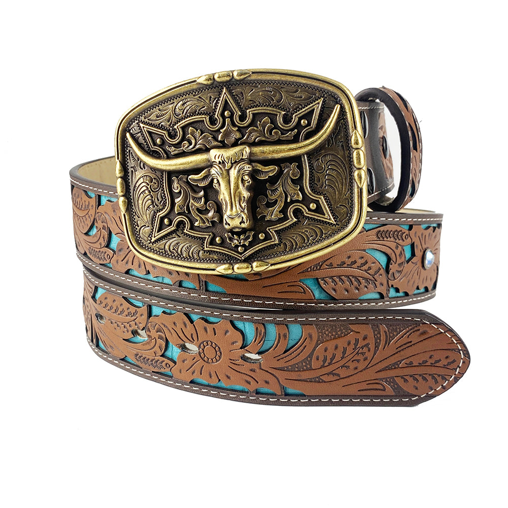TOPACC Western Turquoise Belts - Pattern Longhorn Cow Belt Buckle Copper/Bronze
