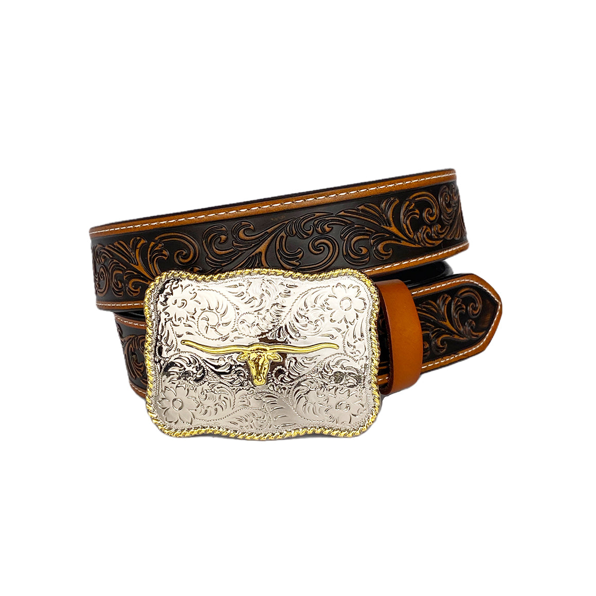 TOPACC Western Genuine Leather Pattern Tooled Belt- Rectangle Two Tone Longhorn Cow Belt Buckle