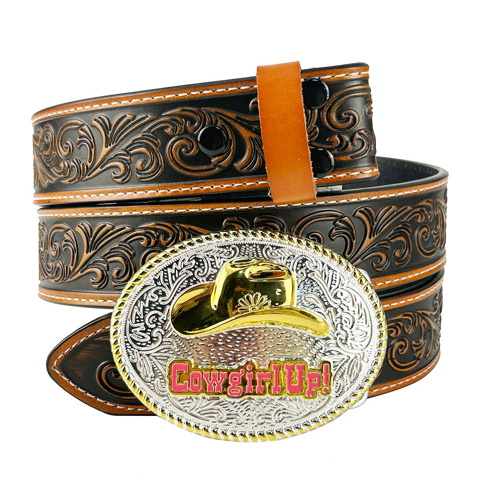 TOPACC Western Genuine Leather Pattern Tooled Belt-Two Tone Cowboy Hat Buckle