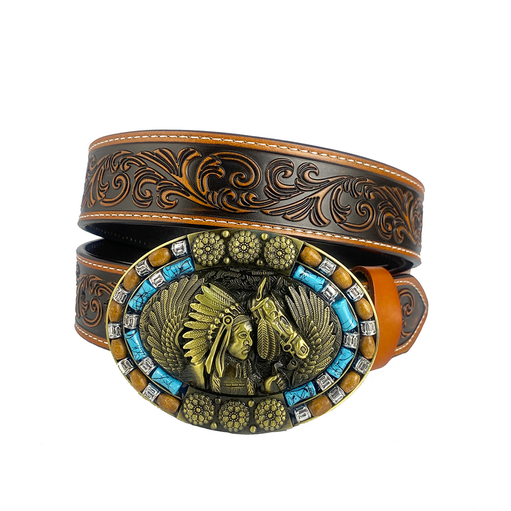 TOPACC Western Genuine Leather Pattern Tooled Belt-Turquoise Indians Belt Buckle Copper/Bronze