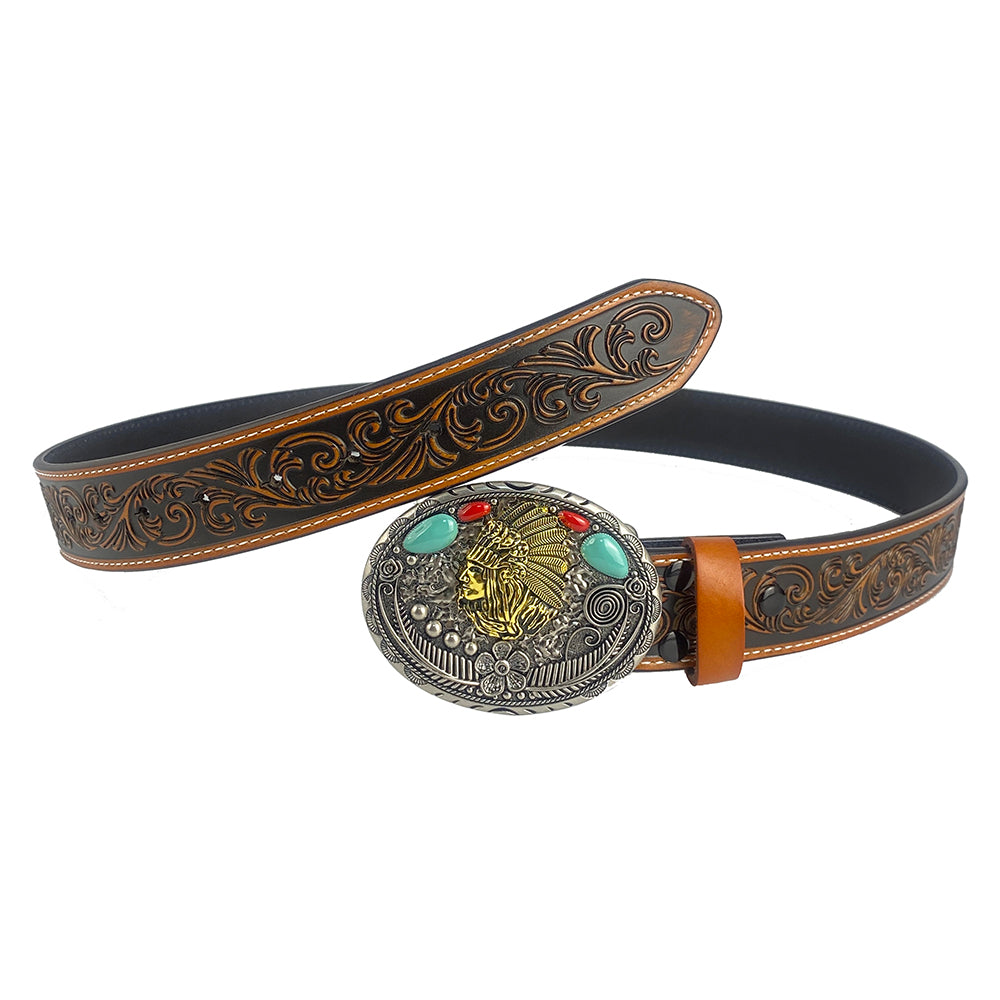 TOPACC Western Genuine Leather Pattern Tooled Belt-Turquoise Indians Belt Buckle