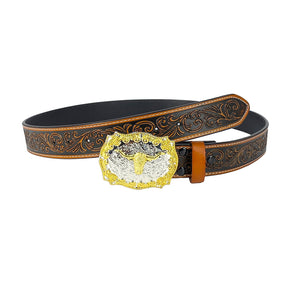 Cinturón con patrón de cuero genuino occidental TOPACC, hebilla de cinturón de vaca Longhorn, dos tonos/bronce