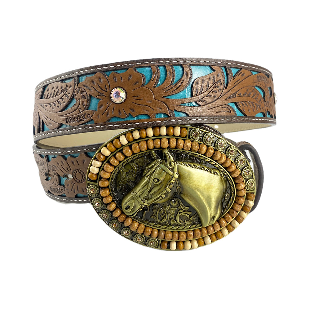 TOPACC Western Turquoise Belts - Oval Wood Beads Horse Belt Buckle