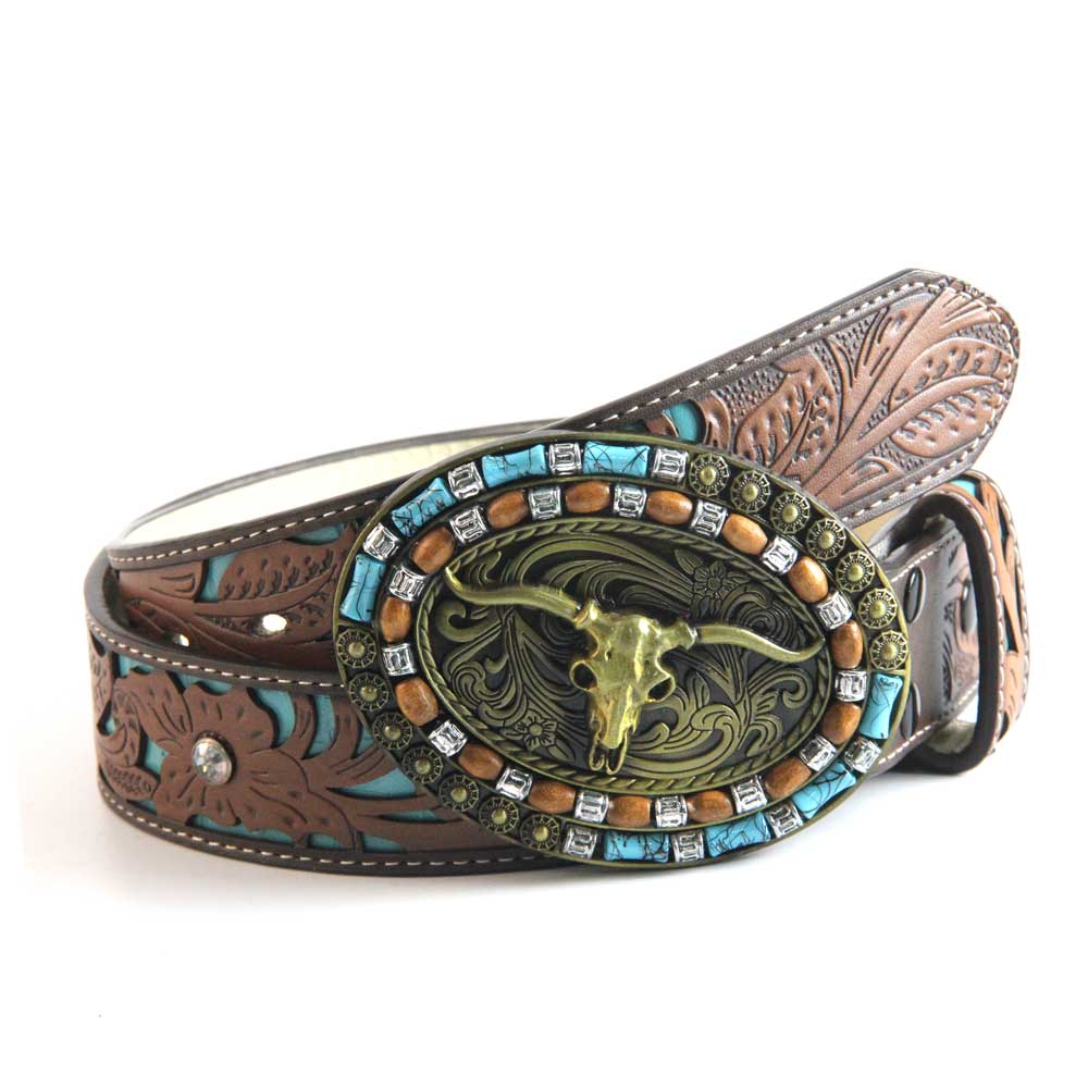 TOPACC Western Turquoise Belts - Turquoise Longhorn Cow Bull Belt Buckle Cobre/Bronce