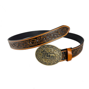 Cinturón con diseño de cuero genuino occidental TOPACC, hebilla de cinturón de caballo con cruz de oración, cobre/bronce