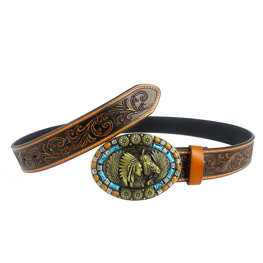 TOPACC Western Genuine Leather Pattern Tooled Belt-Turquoise Indians Belt Buckle Copper/Bronze