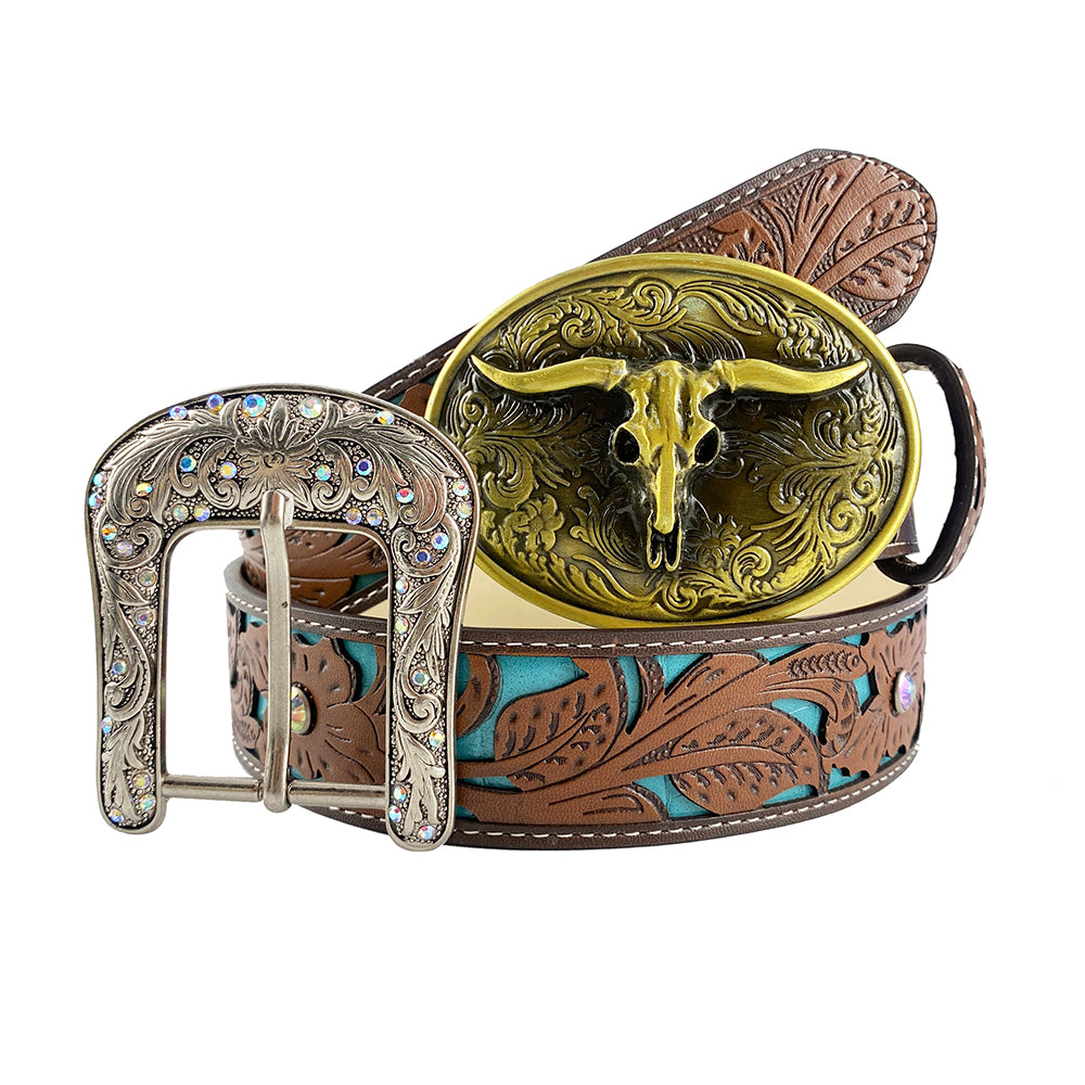 TOPACC Western Turquoise Belts - Longhorn Cow Bull Belt Buckle Copper/Bronze