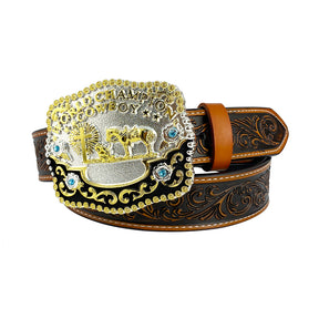 TOPACC Western Genuine Leather Pattern Tooled Belt-3D Cross Horses Prayer 'world champion cowboy' Hebilla