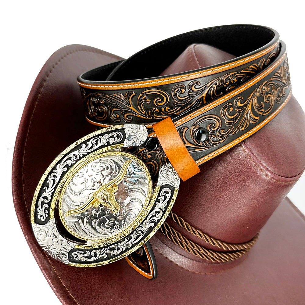 Cinturón con diseño de cuero genuino occidental TOPACC - Hebilla de toro de cuerno largo de herradura de dos tonos