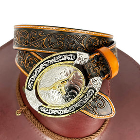 TOPACC Western Genuine Leather Pattern Tooled Belt - Two Tone Horseshoe Longhorn Bull Buckle