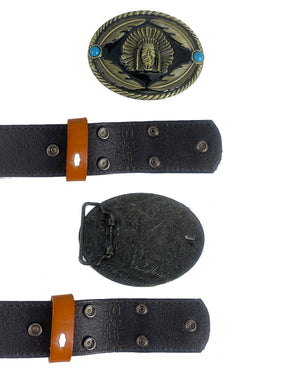 TOPACC Western Genuine Leather Pattern Tooled Belt-Indians Belt Buckle Copper/Bronze