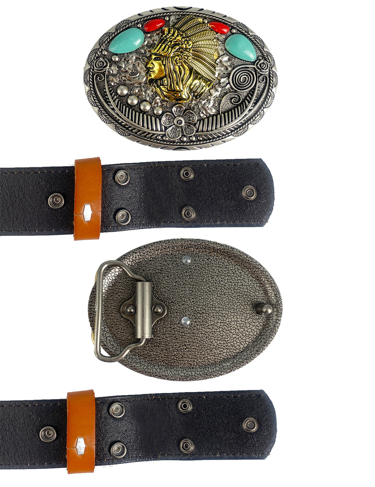 TOPACC Western Genuine Leather Pattern Tooled Belt-Turquoise Indians Hebilla de cinturón