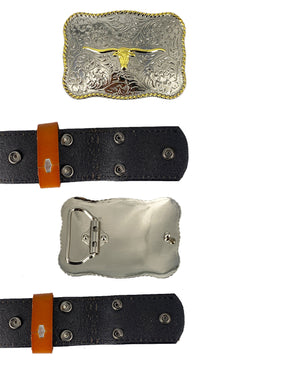 Cinturón con patrón de cuero genuino occidental TOPACC, hebilla de cinturón de vaca de cuerno largo de dos tonos rectangulares