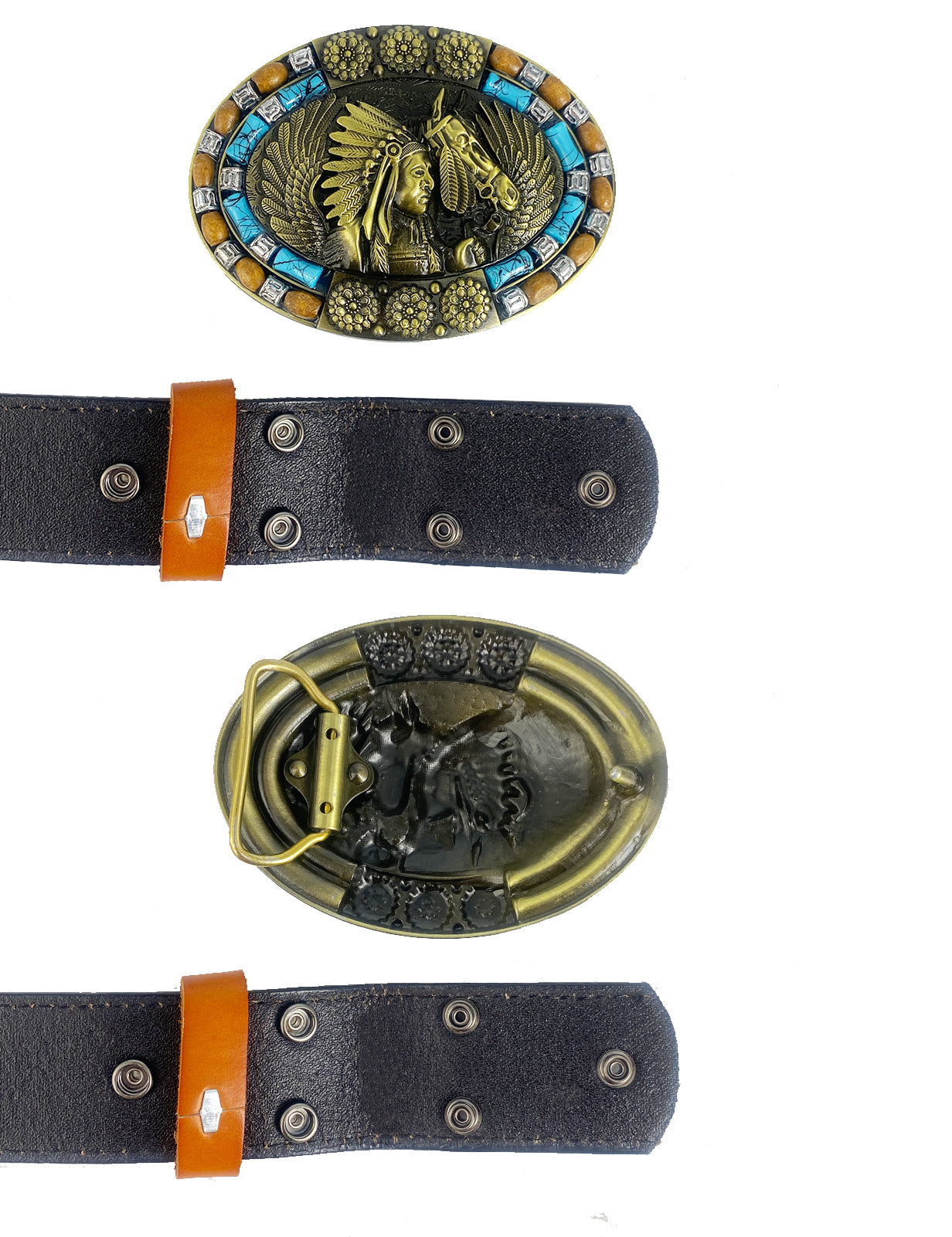 TOPACC Western Genuine Leather Pattern Tooled Belt-Turquoise Indians Hebilla de cinturón Cobre/Bronce