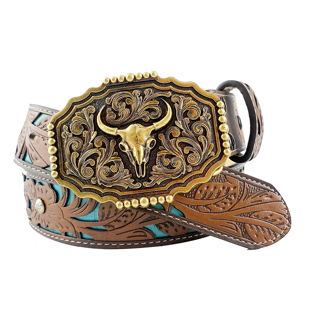 TOPACC Western Turquoise Belts - Hebilla de cinturón con patrón de vaca Longhorn de cobre