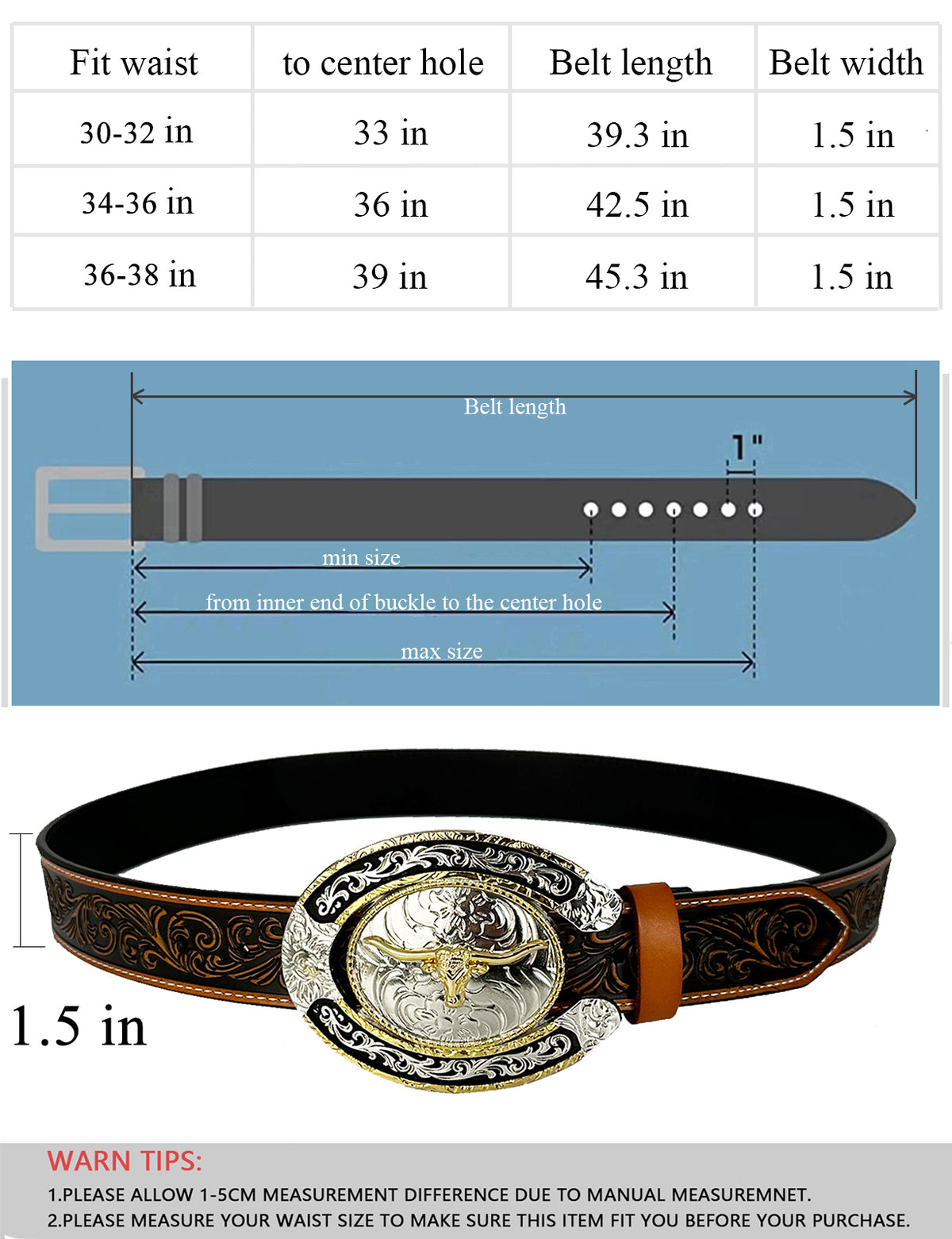 TOPACC Western Genuine Leather Pattern Tooled Belt - Two Tone Horseshoe Longhorn Bull Buckle