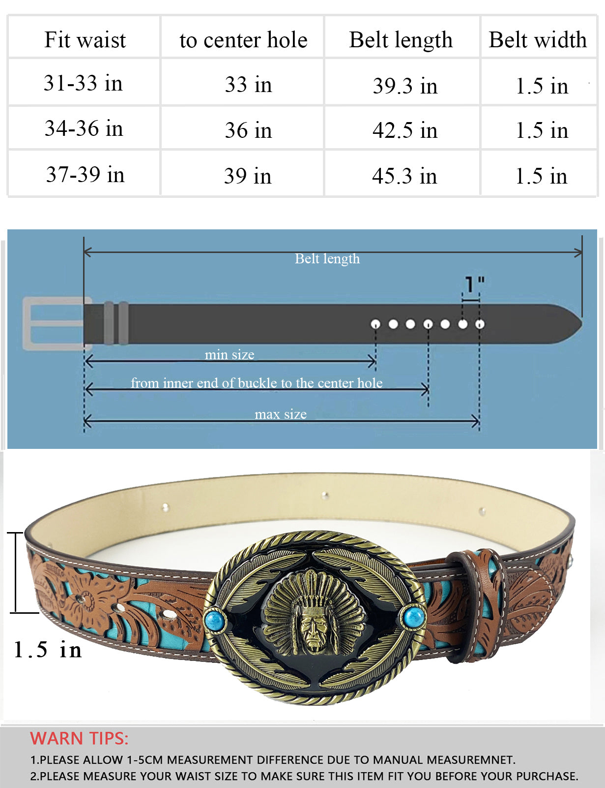 TOPACC Western Turquoise Belts - Indians Belt Buckle Cobre/Bronce