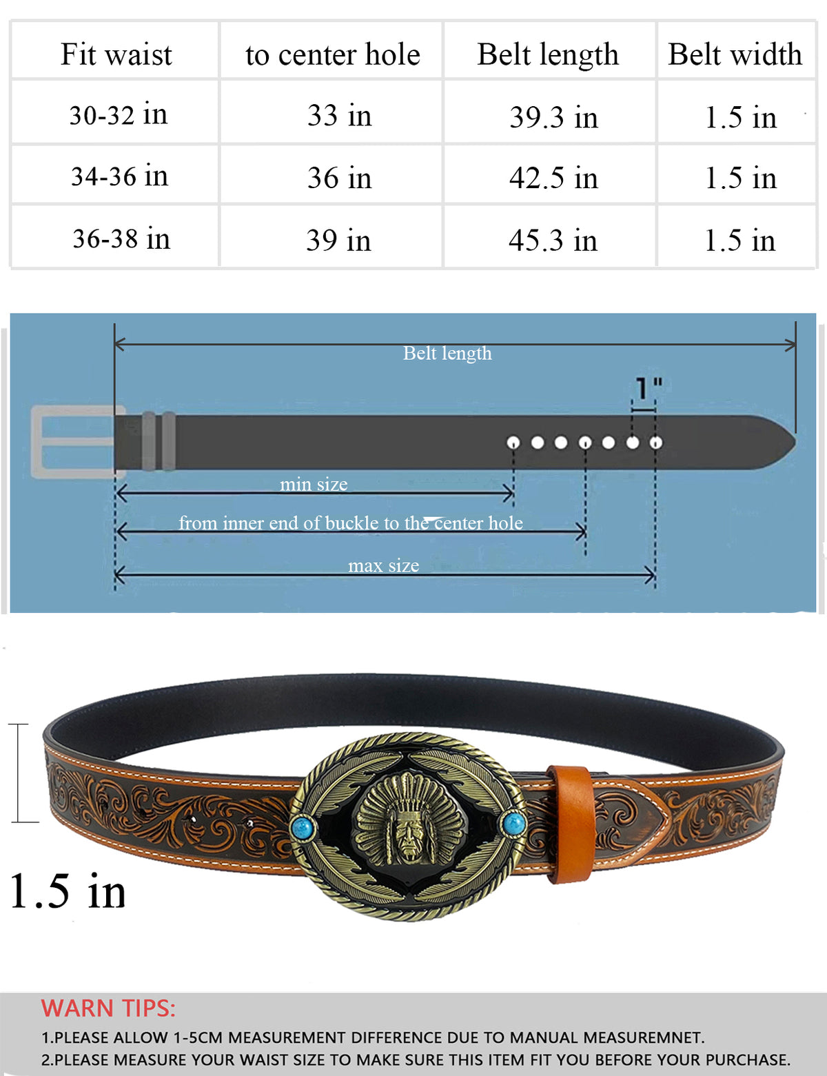 TOPACC Western Genuine Leather Pattern Tooled Belt-Indians Hebilla de cinturón Cobre/Bronce