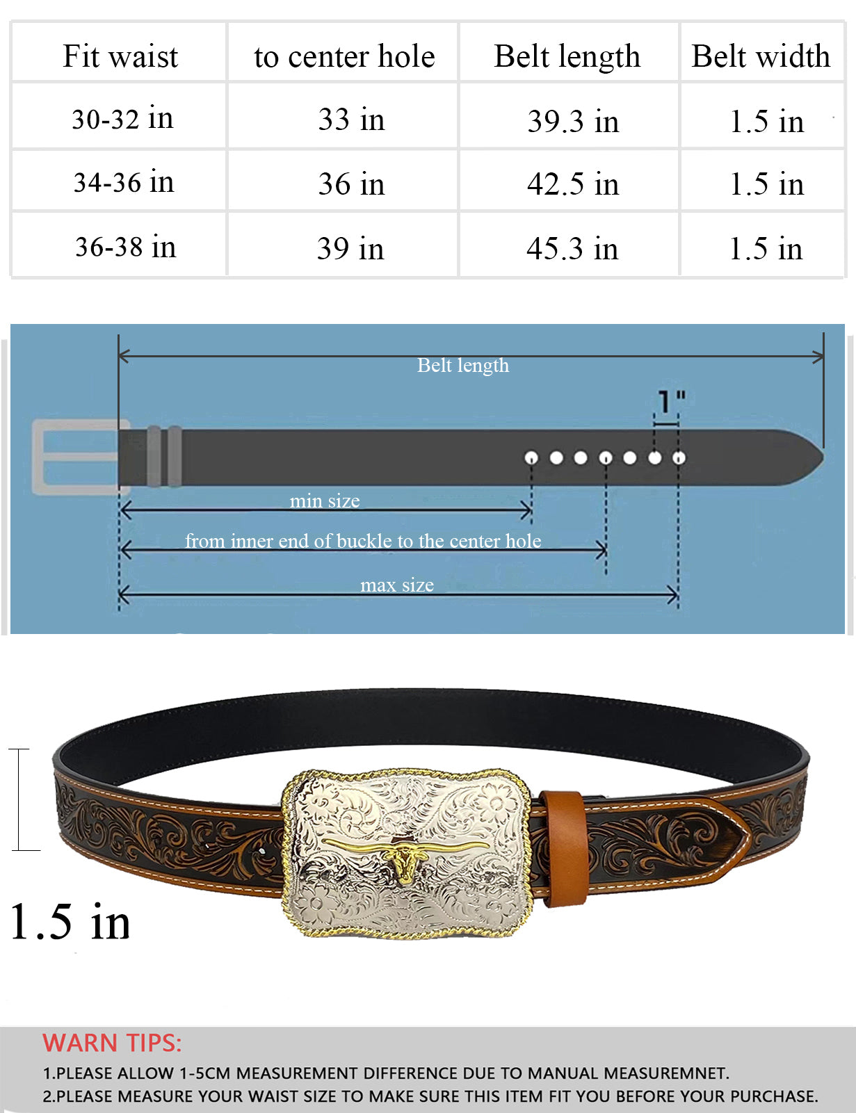 Cinturón con patrón de cuero genuino occidental TOPACC, hebilla de cinturón de vaca de cuerno largo de dos tonos rectangulares