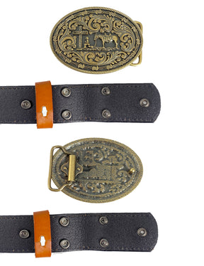TOPACC Western Genuine Leather Pattern Tooled Belt-Prayer Cross Horse Belt Buckle Copper/Bronze