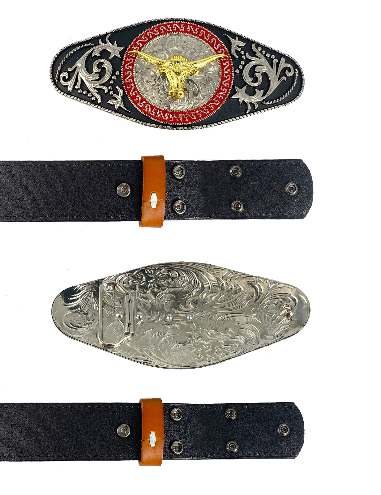 TOPACC Western Genuine Leather Pattern Tooled Belt - Rodeo Longhorn Bull Grabado Flor Cinturón Hebilla