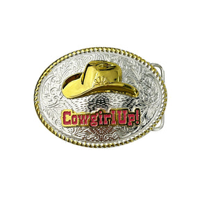Cinturón de cuero genuino occidental TOPACC con hebilla de sombrero de vaquero de dos tonos