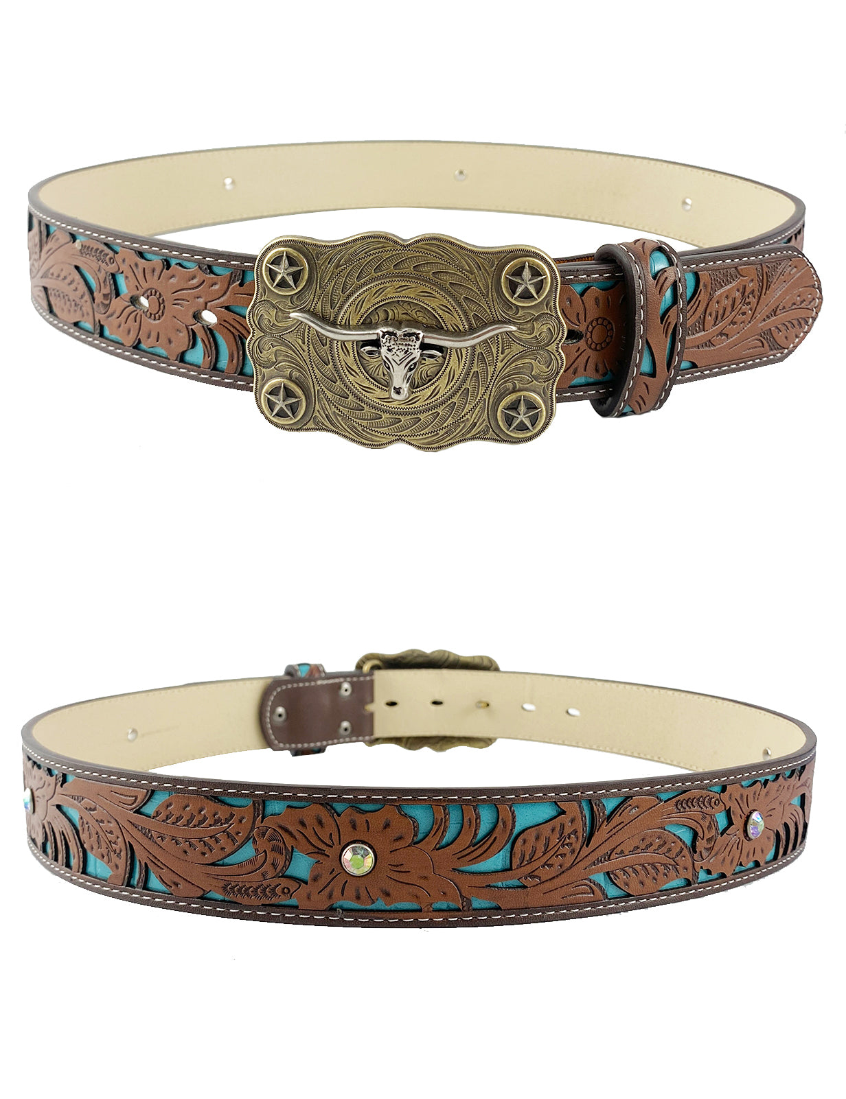 Topacc Western Turquoise Belts - Buckle with Block Longhorn(Free 1 Rhinestone Pin Buckle) / Fit waist:36-40in(91-101cm)