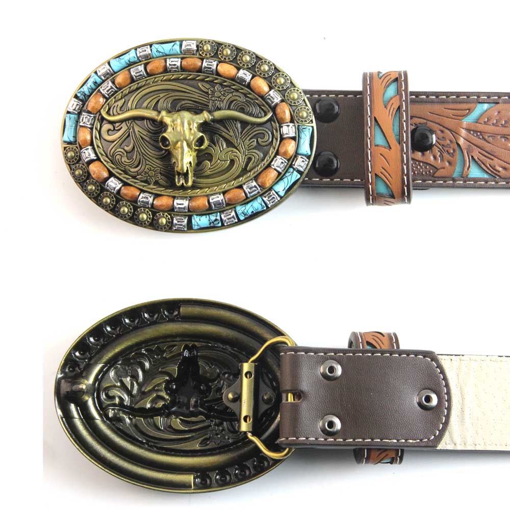 TOPACC Western Turquoise Belts - Turquoise Longhorn Cow Bull Belt Buckle Copper/Bronze