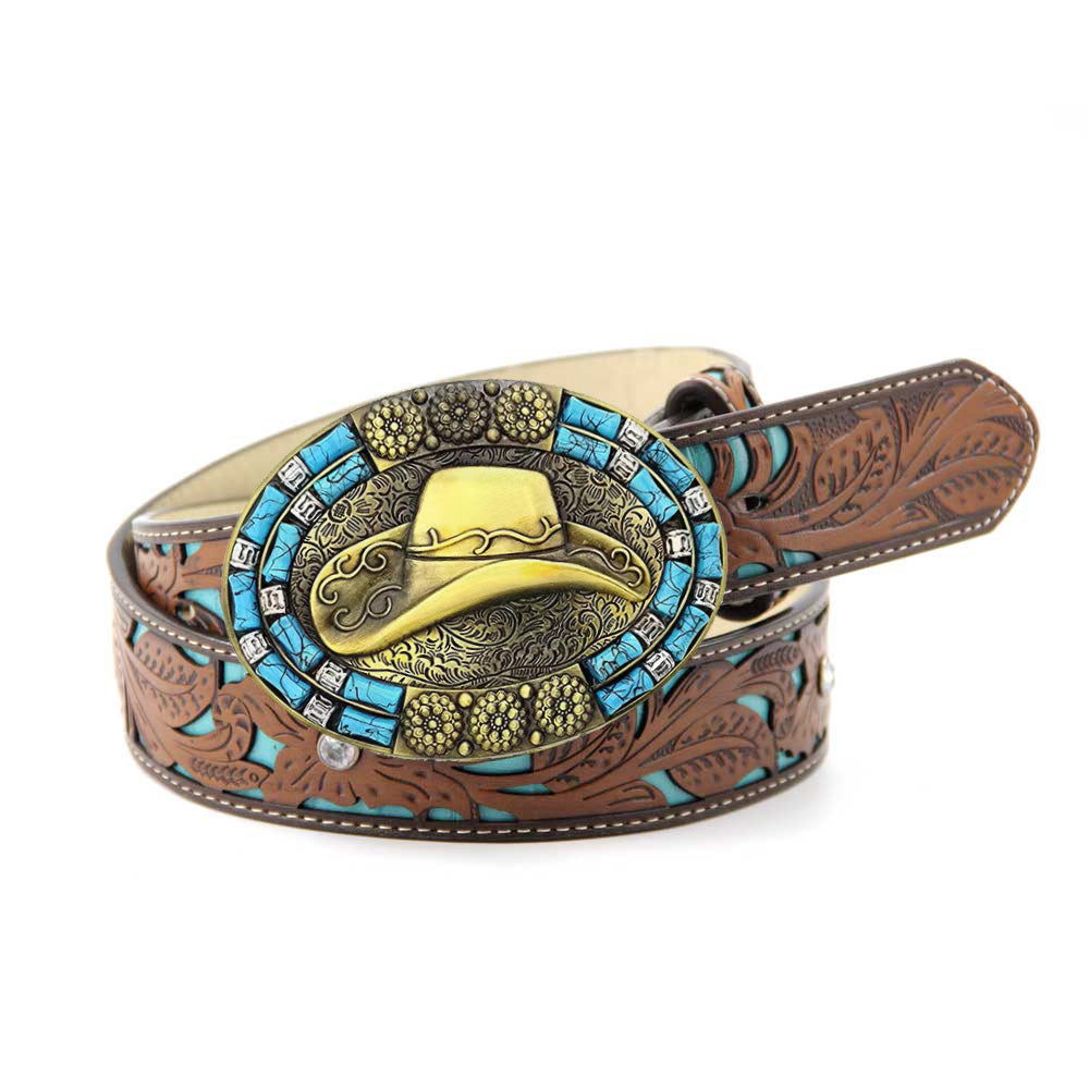 Cintos TOPACC Western Turquesa - Chapéu de Cowboy Fivela de Cobre/Bronze