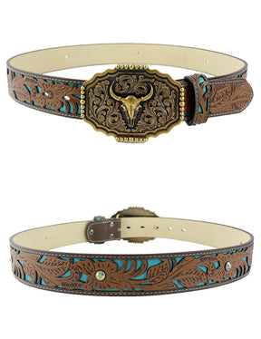TOPACC Western Turquoise Belts - Hebilla de cinturón con patrón de vaca Longhorn de cobre