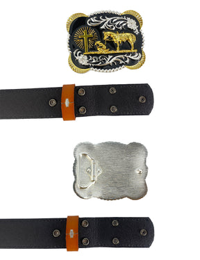 TOPACC Western Genuine Leather Pattern Tooled Belt-3D Cross Horses Hebilla de oración