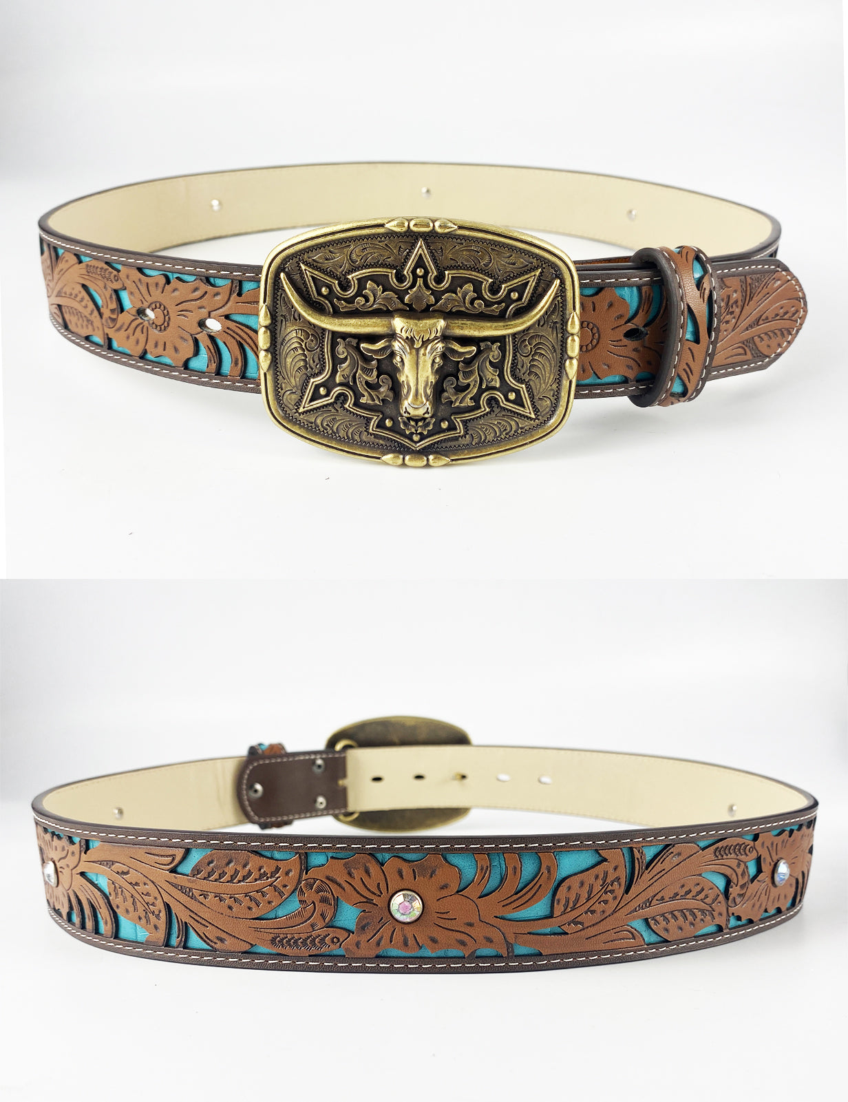 TOPACC Western Turquoise Belts - Pattern Longhorn Cow Belt Buckle Copper/Bronze