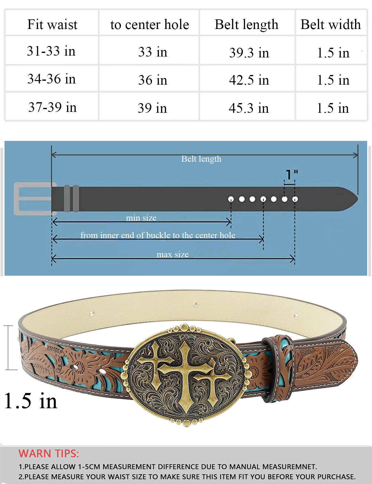 Cinturones TOPACC Western Turquoise - Hebilla de cinturón de tres cruces Cobre/Bronce