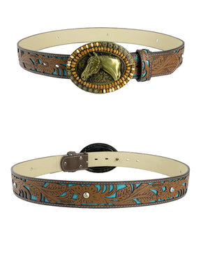 TOPACC Western Turquoise Belts - Oval Wood Beads Horse Belt Buckle