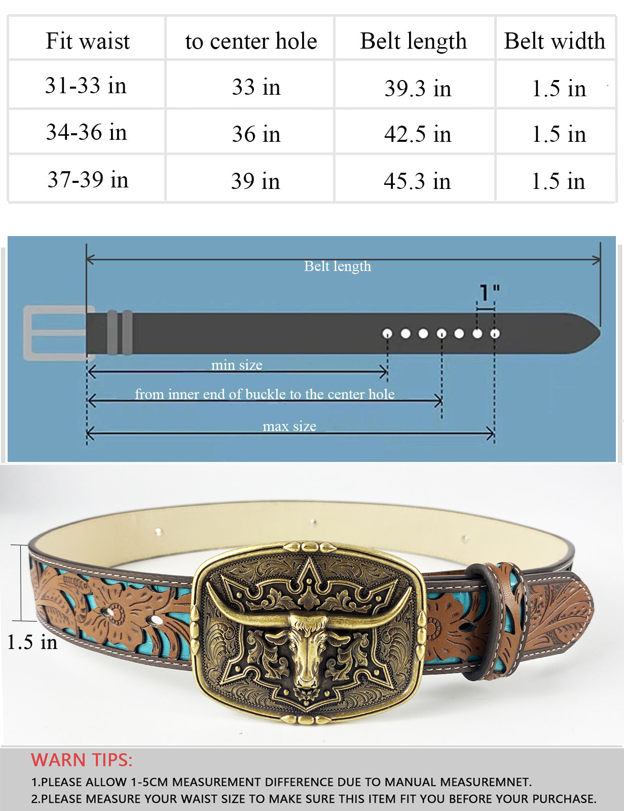TOPACC Western Turquoise Belts - Pattern Longhorn Cow Belt Buckle Cobre/Bronce