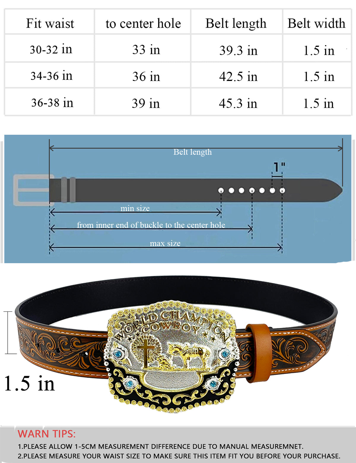 TOPACC Western Genuine Leather Pattern Tooled Belt-3D Cross Horses Prayer 'world champion cowboy' Buckle