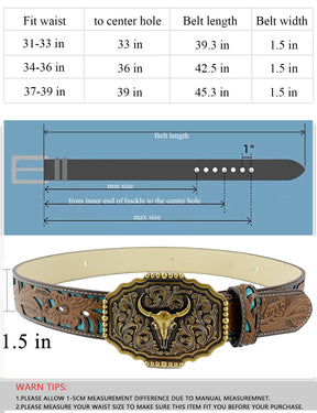 TOPACC Western Turquoise Belts - Copper Longhorn Cow Pattern Belt Buckle