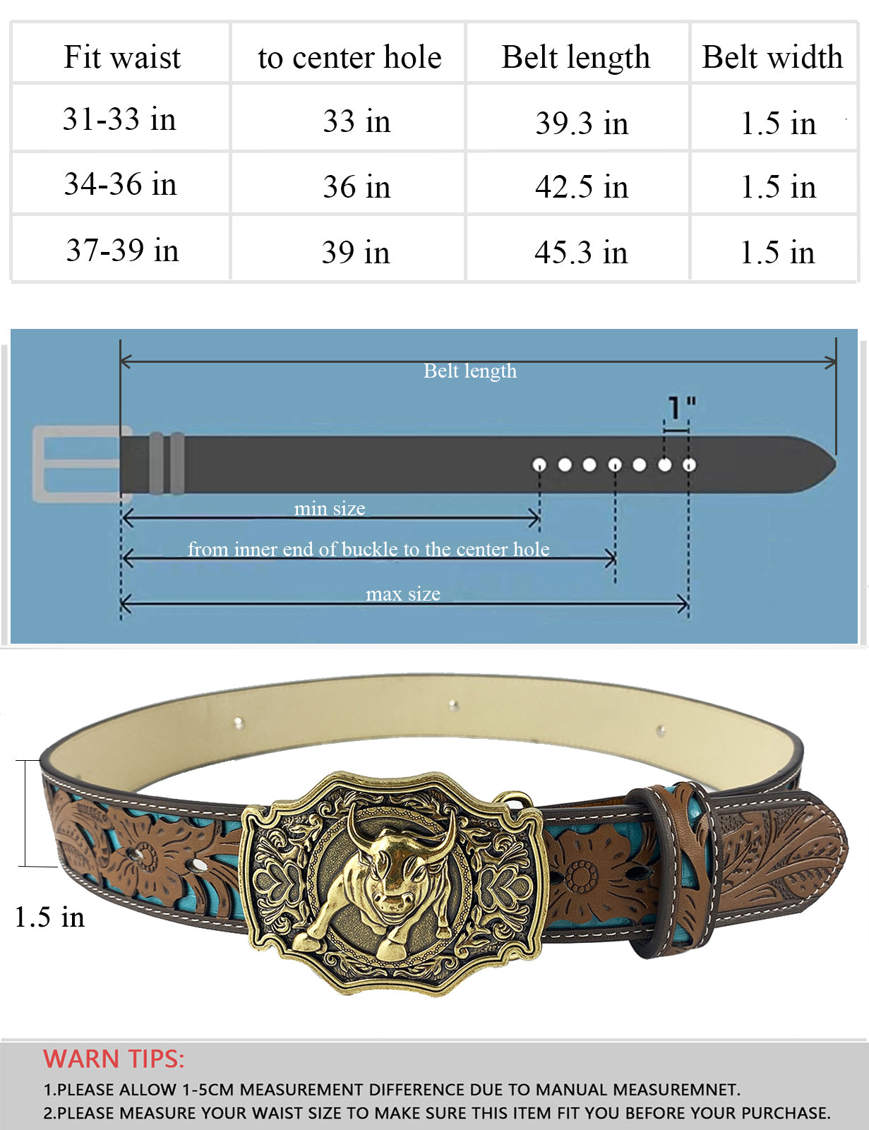 TOPACC Western Turquoise Belts - Bullfight Belt Buckle Copper/Bronze