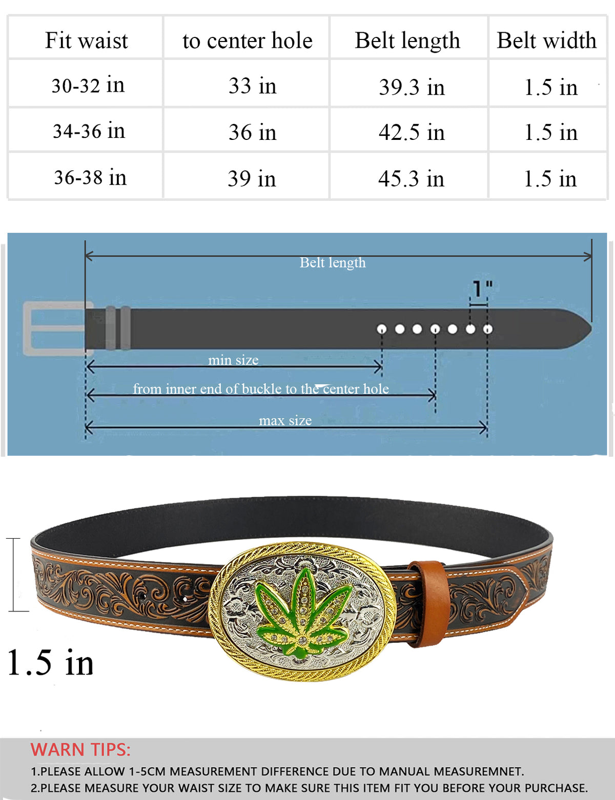 TOPACC Cinturón de cuero genuino occidental con diseño de hojas verdes ovaladas Hebilla de cinturón