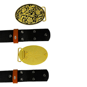 TOPACC Western Genuine Leather Pattern Tooled Belt-Oval Black Gold Pattern Buckle