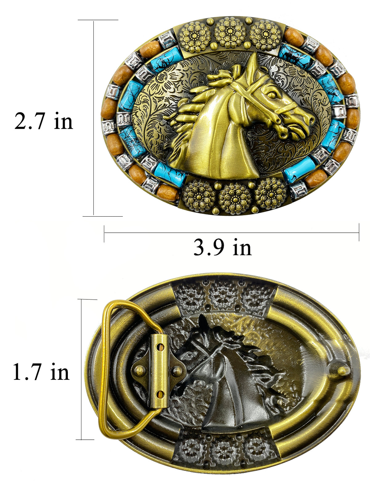 Fivela de cinto de cavalo turquesa ocidental TOPACC oval cobre/bronze