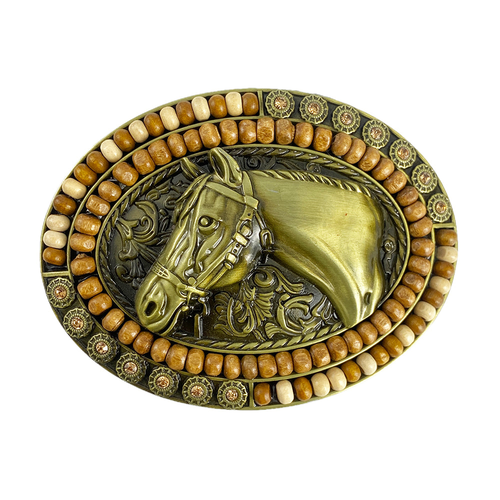 TOPACC Western Oval Wood Beads Horse Belt Buckle