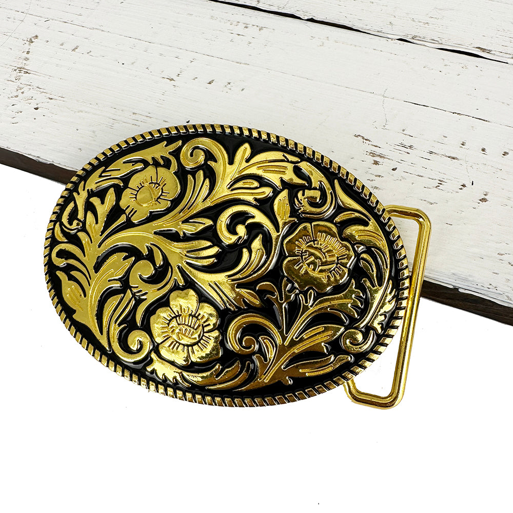 TOPACC Western Oval Floral Black Gold Pattern Buckle