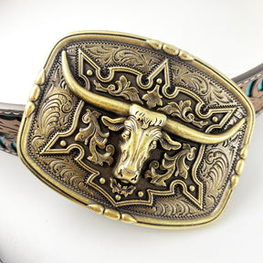 TOPACC Western Genuine Leather Pattern Tooled Belt-Pattern Longhorn Cow Belt Buckle Copper/Bronze