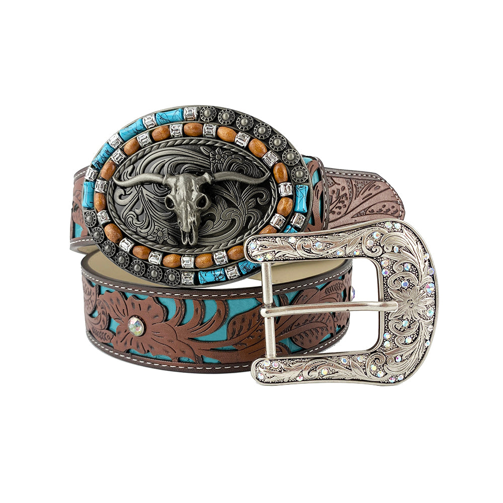 TOPACC Western Turquoise Belts - Turquoise Longhorn Cow Bull Belt Buckle Cobre/Bronce