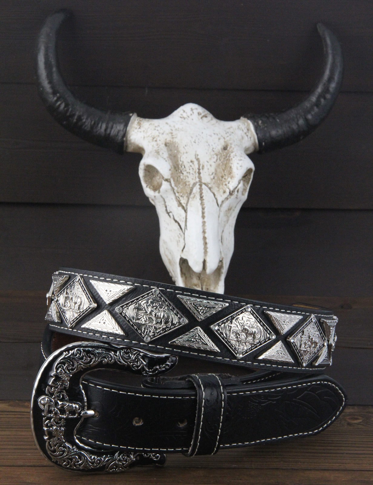 TOPACC Cintura Western Unisex In Similpelle Con Fibbia Longhorn E Motivi Floreali - Larga 3.8 Cm, 7 Fori, Nera